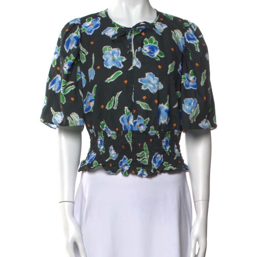 Floral V-Neck Smocked Waist Women's Top - Black/Blue